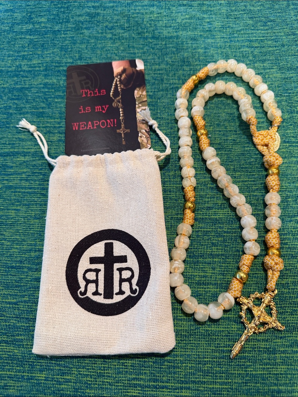 Beaded Cream and Gold Cross Rosary Necklace by Rugged Rosaries